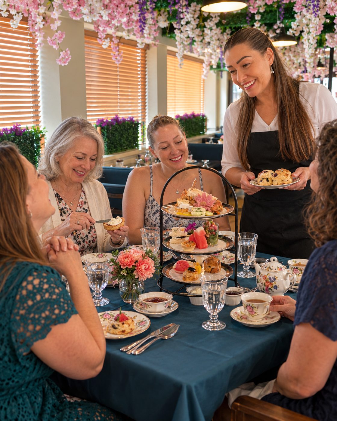 A server bringing fresh scones to a table of guests enjoying a three-tiered afternoon tea at a teal-covered table